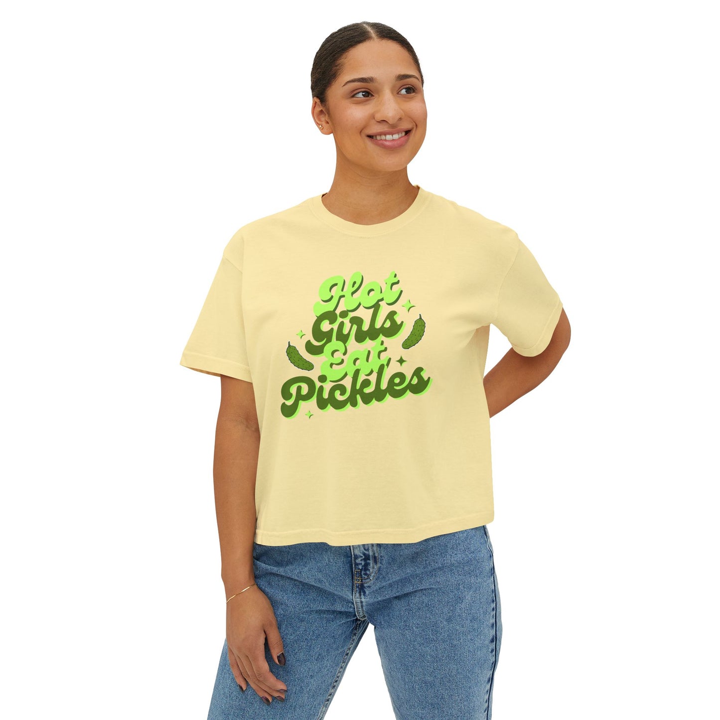 'Hot Girls Eat Pickles' Boxy Crop Tee - Green