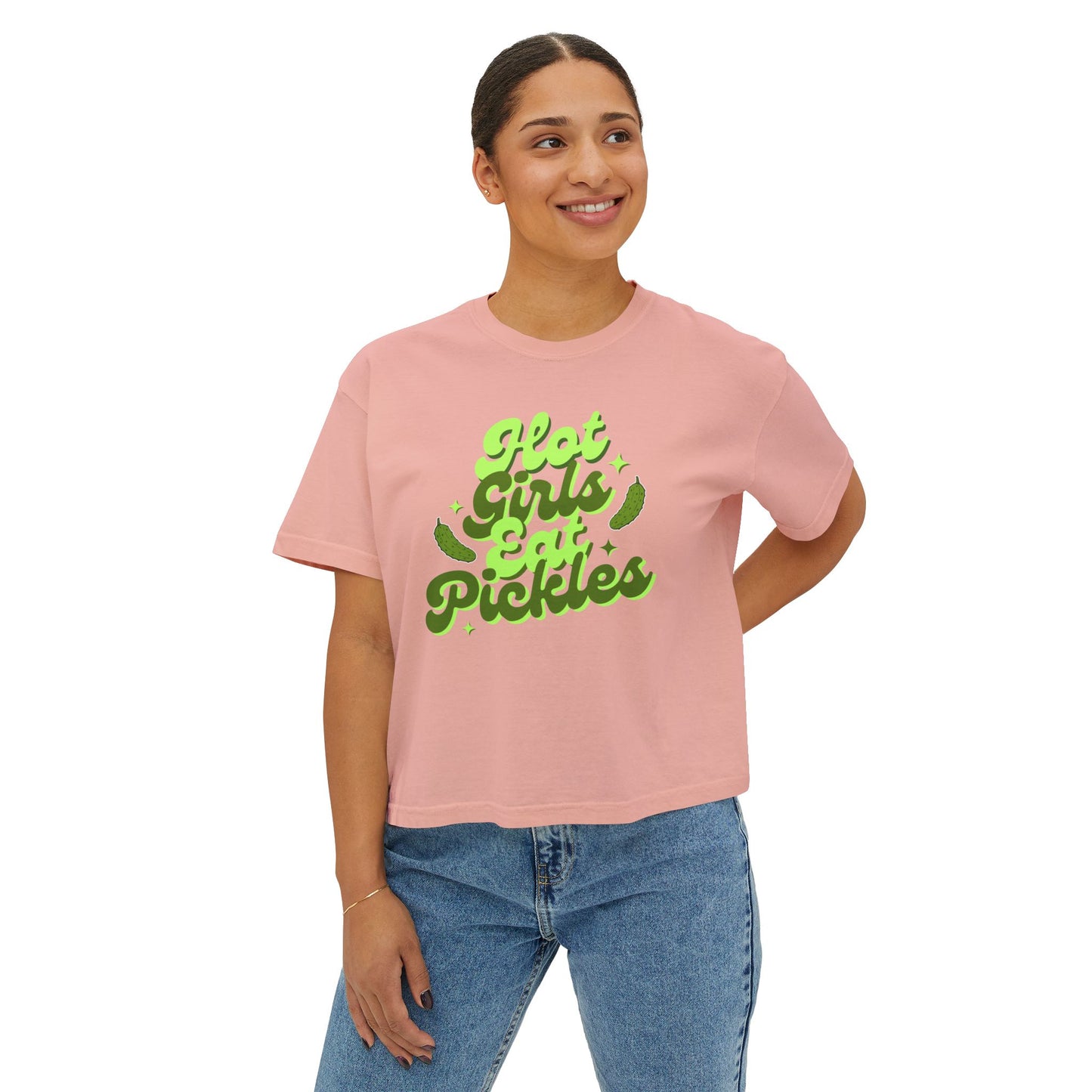 'Hot Girls Eat Pickles' Boxy Crop Tee - Green