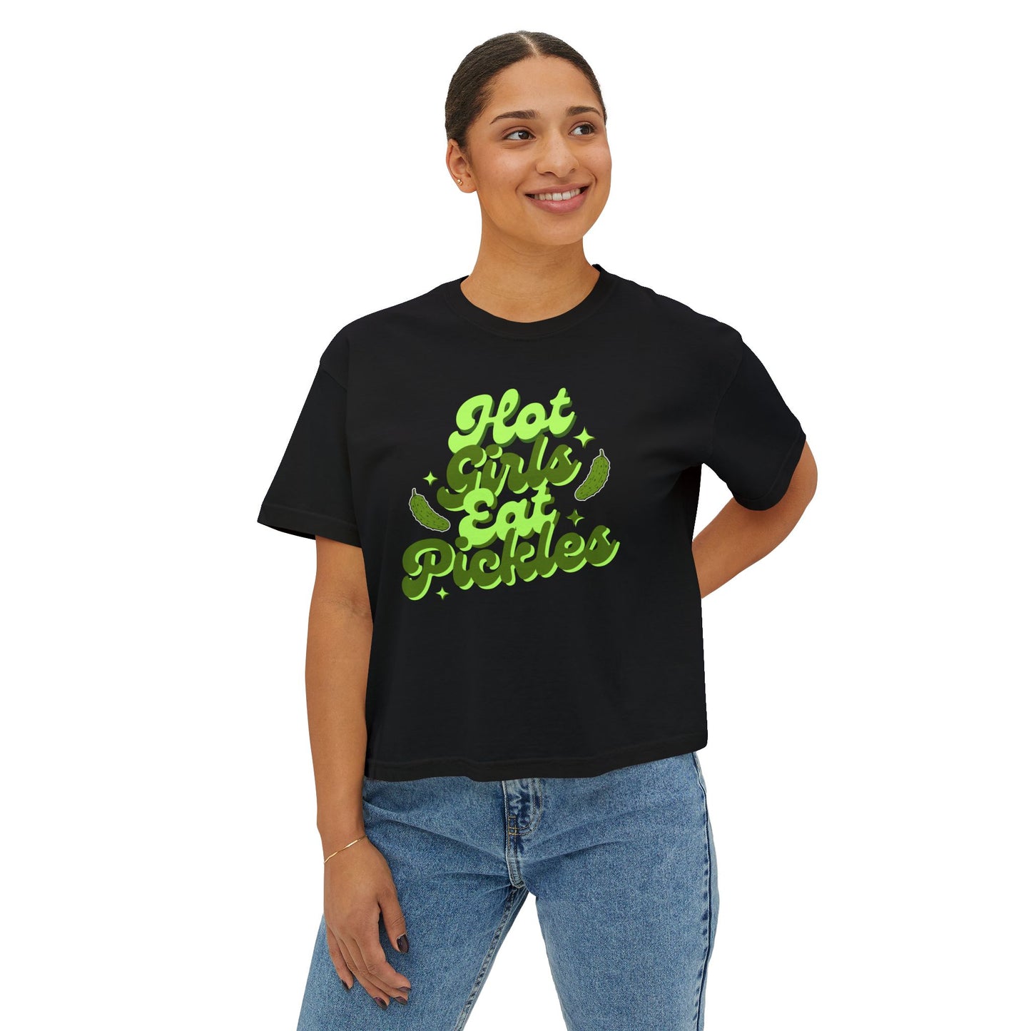 'Hot Girls Eat Pickles' Boxy Crop Tee - Green