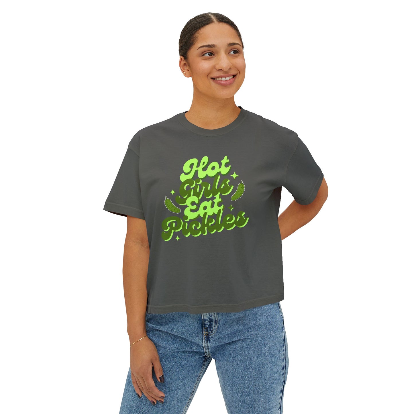'Hot Girls Eat Pickles' Boxy Crop Tee - Green