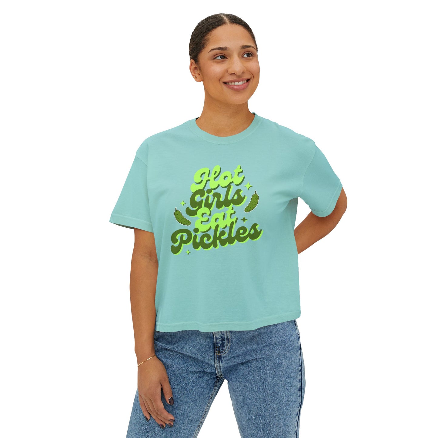 'Hot Girls Eat Pickles' Boxy Crop Tee - Green